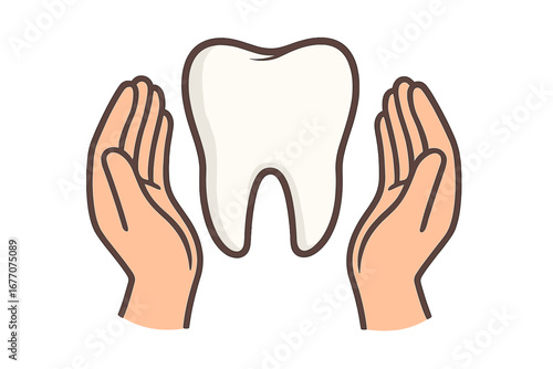 Hands holding tooth. Dental care and protection concept. Oral hygiene and health. Dentistry clinic logo or icon. Vector cartoon illustration for stomatology and medicine.