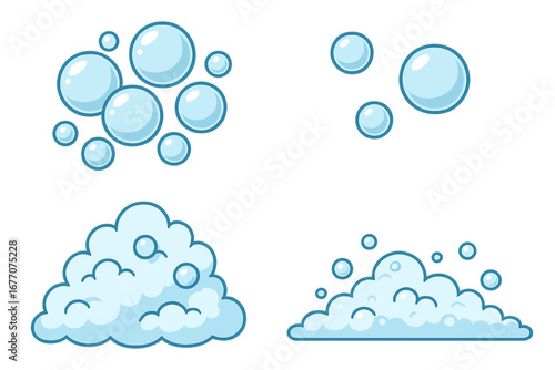 Soap bubbles vector set. Blue foam and suds cartoon illustration. Water lather, fizzy pop, and effervescent air bubbles collection for cleaning, washing, and bath design.