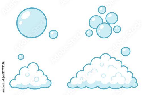 Cartoon soap bubble and foam vector illustration set. Collection of shiny blue water bubbles, suds, and lather for cleaning, bath, and washing concepts. Isolated design elements.