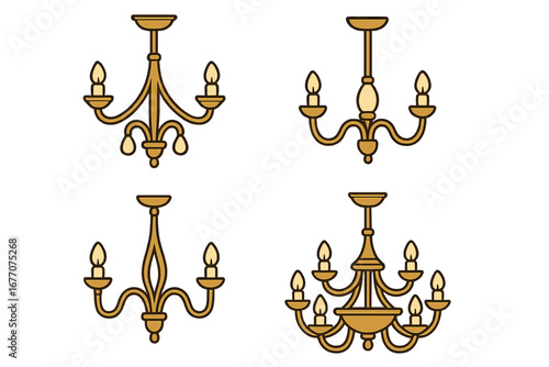 Set of vintage chandelier vector icons. Classic luxury ceiling lamp collection for interior design. Retro light fixture illustration. Flat cartoon style home decor symbol.