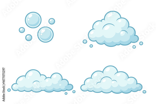 Cartoon soap foam and water bubbles vector set. Blue suds, lather and effervescent pop elements for cleaning design. Isolated bubble illustration for bath or laundry concept.