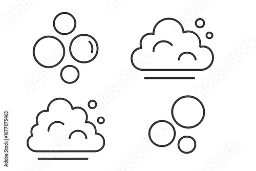 Bubble and foam line icon set. Soap suds, lather, and fizzy pop symbols. Vector illustrations for cleaning, laundry, sparkling drinks. Clean, wash, and hygiene concepts.