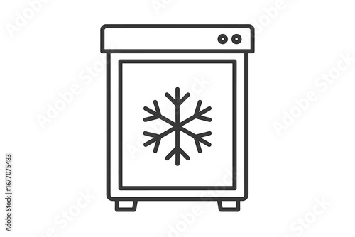 Cold storage vector icon. Minimalist freezer or refrigerator appliance with a snowflake symbol. Outline graphic for kitchen, food preservation, web design, and apps.