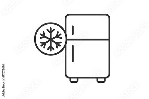 Refrigerator icon. Freezer symbol. Cold storage concept. Kitchen appliance illustration. Vector line art. Food preservation pictogram. Cooling sign with snowflake. Minimalist outline.