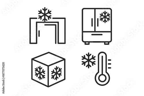 Cold storage outline icon set. Freezer, refrigerator, warehouse, and temperature control vector icons. Food preservation, logistics, and cold chain supply concept illustration.