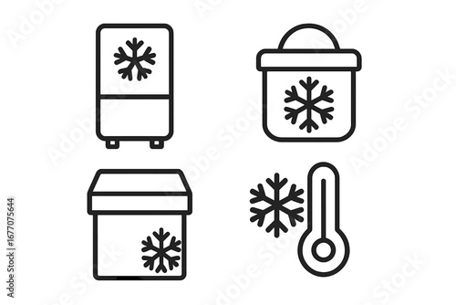 Cold storage icon set. Minimalistic thin line icons for freezer, portable cooler, refrigerated shipping and temperature control. Vector symbols for logistics and food preservation.