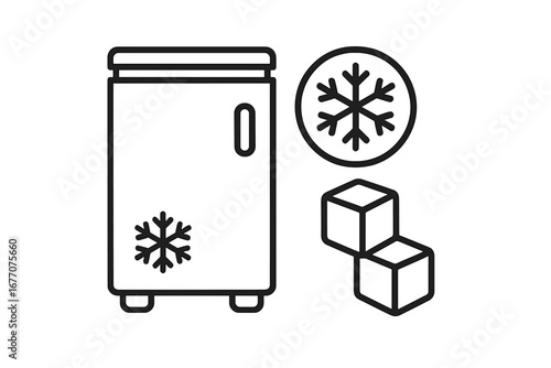 Freezer, cold storage and ice cube vector line icon set. Refrigerator, snowflake and frost symbols. Food preservation, cooling appliance and low temperature concept icons.