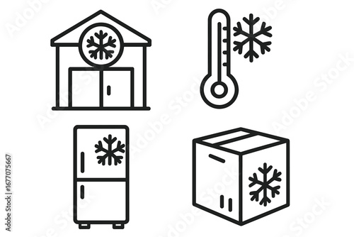 Cold storage and refrigeration vector icon set. Warehouse, freezer, thermometer, and box symbols. Frozen goods logistics, cold chain, and temperature sensitive freight concept.