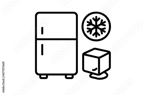 Cold storage outline icon set. Refrigerator, freezer, snowflake, and melting ice cube vector. Concept for cooling, climate control, freezing, and food preservation.
