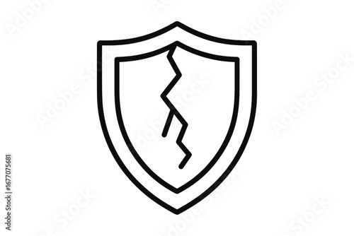 Broken shield icon. Security breach, cyber attack concept. Vulnerability, risk, and data leak symbol. Cracked defense, safety failure. Unprotected, weak, damaged sign.