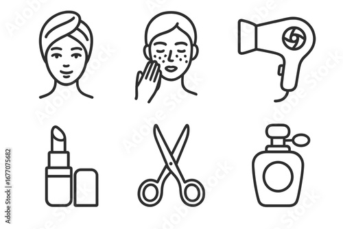 Beauty salon and skincare line icon set. Vector symbols of cosmetics, spa treatment, makeup, haircut, perfume, and hairdryer for web and mobile app design pictogram.