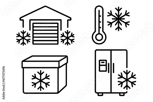 Cold storage icon set for freezing and refrigeration. Vector outline symbols for warehouse, freezer, thermometer, and container. Logistics, cold chain, and food storage concept.