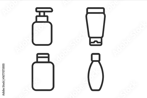 Cosmetic bottle line icon set. Skincare packaging, cream tube, and lotion dispenser. Beauty product container symbol. Minimal outline vector illustration for web, graphic design.