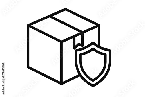 Package protection and shipping insurance vector icon. Secure delivery concept with box and shield. Logistics, cargo safety, product guarantee and warranty pictogram illustration.