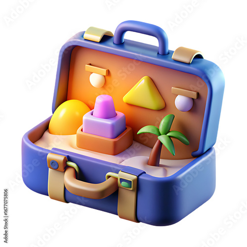 Wallpaper Mural A whimsical cartoon-style illustration of an open blue suitcase filled with colorful beach toys and summer vacation essentials a playful beach scene unfolds within the luggage Torontodigital.ca