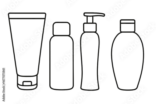 Cosmetic bottle outline icon set. Skincare packaging linear vector illustration. Shampoo, lotion, soap dispenser, cream tube container symbols. Beauty product mockup template.