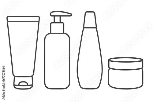 Cosmetic container outline icon set. Vector linear illustration of beauty product packaging: tube, pump dispenser, shampoo bottle, and cream jar for web design and ads.
