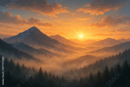 Fotografie A semi-realistic digital painting of a serene sunrise over misty mountains and pine forests