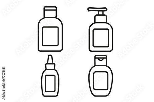 Cosmetic bottle outline icon set. Vector linear symbols for shampoo, lotion, soap, cream. Skincare and beauty product container packaging for graphic and web design.