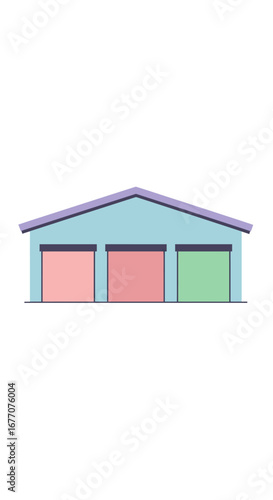 Illustration of a blue building with three garage doors in pink and green colors on a white background