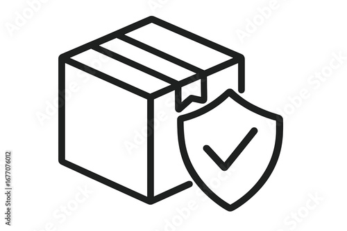 Secure package delivery icon with shield and checkmark. Safe shipping and parcel insurance concept. Buyer protection and warranty guarantee symbol for logistics and e-commerce.