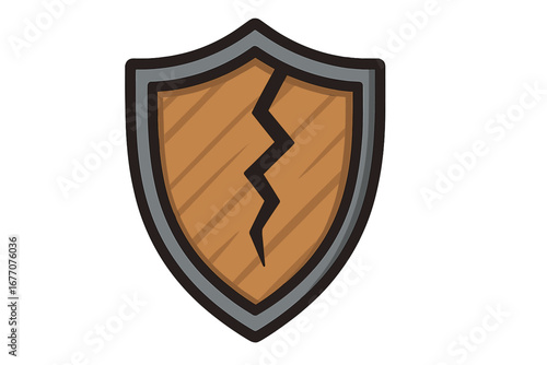 Cracked shield icon. Vector illustration of a broken wooden shield. Symbol of vulnerability, failure, data breach, danger, and risk. Security problem concept. Unprotected.