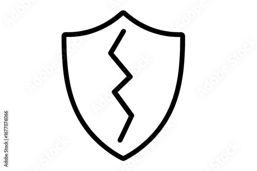 Cracked shield linear icon. Concept of vulnerability, risk. Broken defense symbol. Security failure, unprotected system. Data breach, cyber attack. Damaged guard. No protection.
