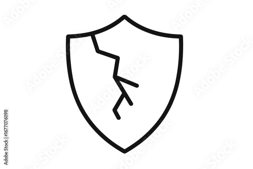 Cracked shield icon. Broken security and protection symbol. Concept of vulnerability, risk, danger, and data breach. Unsafe, insecure defense. Minimal line vector illustration.