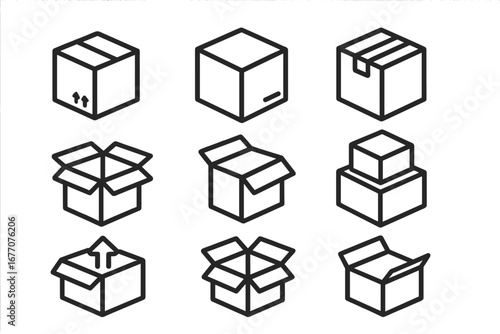 Box icon set. Modern outline style vector illustration. Cardboard package, parcel and shipping container symbols. For logistics, delivery, e-commerce, web and app design.
