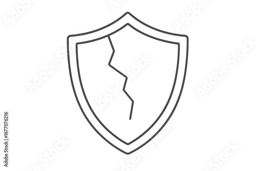 Broken shield line icon. Cracked protection concept for security failure, vulnerability, data breach, risk, and damage. Unsafe system defense. Thin vector illustration.