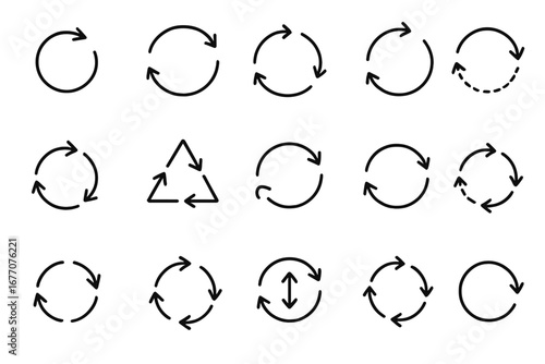 Circle arrow line icon set. Reload, refresh, and rotate symbols. Vector outline pictogram collection for web design, UI, UX, and mobile apps. Circular loop and recycle signs.