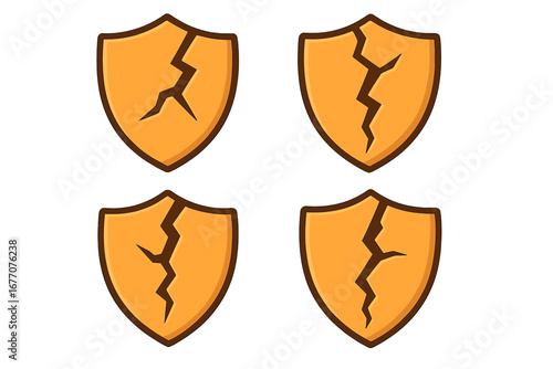 Cracked shield icon set. Concept of vulnerability, risk, and failed protection. Broken guard symbol for data breach, cybersecurity error, and security system failure.
