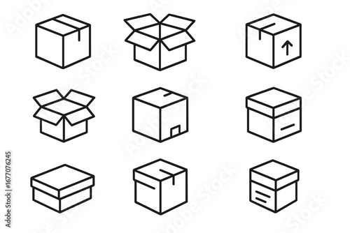 Set of box icons in a modern outline style. Isometric vector illustration of cardboard packages for shipping, delivery, and storage. Logistics and cargo concept symbols.