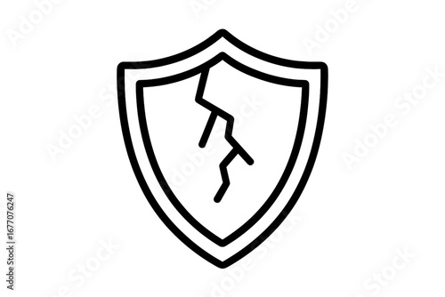 Cracked shield outline icon. Broken protection and security symbol. Concept of vulnerability, risk, danger, and data breach. Unsafe, weak defense, insecure vector illustration.