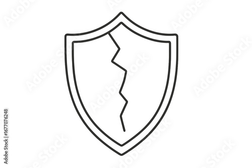 Cracked shield line icon. Concept of vulnerability, data breach, broken protection, insecurity, risk, and failure. Damaged security symbol. Unprotected privacy vector logo.