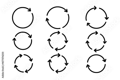 Circular arrow line icon set. Reload, refresh, rotate symbols. Vector outline graphic elements for web design, apps, ui, ux. Cycle, loop, sync, process, update signs.
