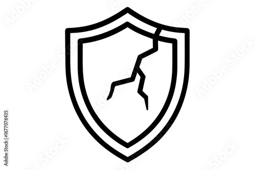 Cracked shield linear icon. Broken security pictogram. Unsafe and weak defense concept. Vulnerability, risk, damage, and failure metaphor. Vector illustration for interface.