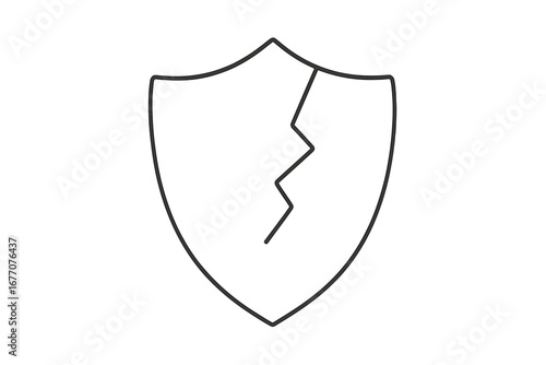 Cracked shield icon vector. Concept of vulnerability, risk, and failure. Symbol of broken protection, data breach, system error, or insecurity. Minimal outline illustration.