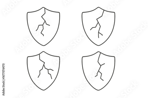 Cracked shield icon set. Vector line pictogram. Broken protection symbol. Vulnerability, risk, and security failure concept. Unsafe, damage, and data breach metaphor.