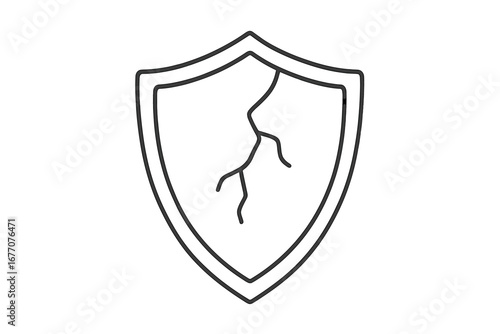 Cracked shield icon. Broken protection and security symbol. Concept of vulnerability, risk, damage, and data breach. Unsafe, weak, and failed defense. Minimalist line vector.