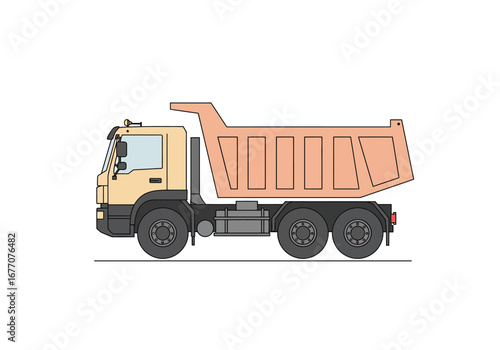 Illustration of a beige and peach colored dump truck with three axles on a white background