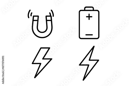 Energy and power icon set. Magnet, battery, and lightning bolt line icons. Vector symbols for electricity, charge, magnetism, and thunder. Simple outline graphic elements.