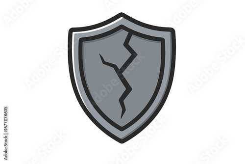 Cracked shield vector icon. Concept of vulnerability, broken defense, weak security, and risk. Unsafe, unprotected, and damaged guard symbol for data breach or attack.