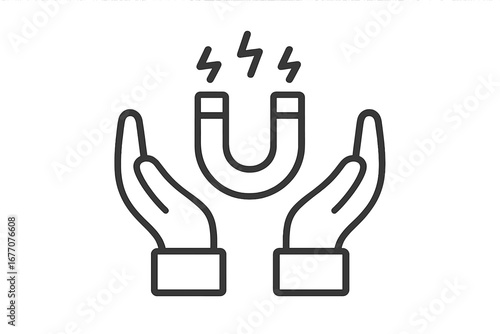 Magnet in hands icon. Concept of customer attraction, retention, and inbound marketing. Lead generation and influence symbol. Vector illustration for business and advertising.