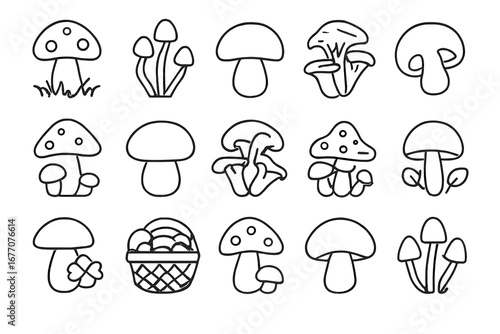 Mushroom line icon set. Fungi collection with various forest mushrooms like champignon, amanita, chanterelle. Vector outline symbols for web, mobile apps, and UI design.