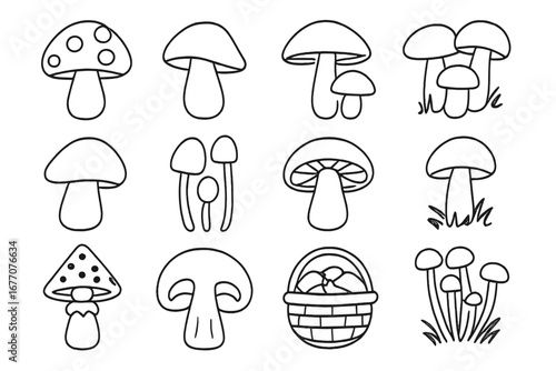 Mushroom icon set. Fungi line art collection. Hand drawn doodle of various mushrooms, toadstool, champignon. Forest fungus vector graphics for web, apps, food packaging.