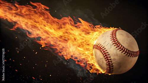 Fiery baseball in motion ignites the dark with intense flames and dramatic energy