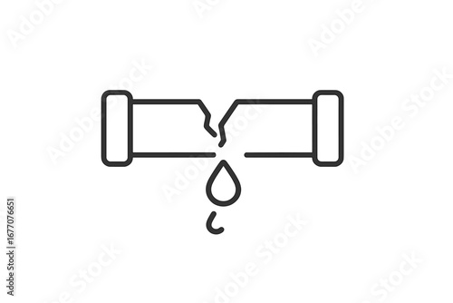 Broken pipe water leak line icon. Plumbing problem, burst pipe, water damage concept. Emergency repair service symbol. House pipeline leakage. Minimal vector pictogram illustration.