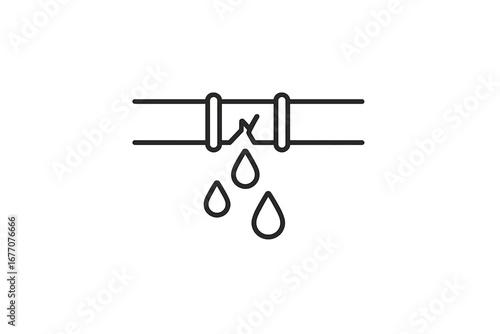 Broken pipe water leak icon. Plumbing burst, damage, and dripping. Line symbol for emergency pipework repair service. Leaking pipeline, water leakage vector illustration.