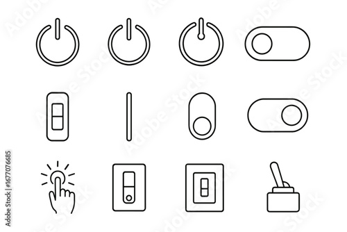 On Off switch icon set. Power button and toggle switch line icons. Vector outline symbols for web and app user interface design. Start, stop, enable, and disable controls.